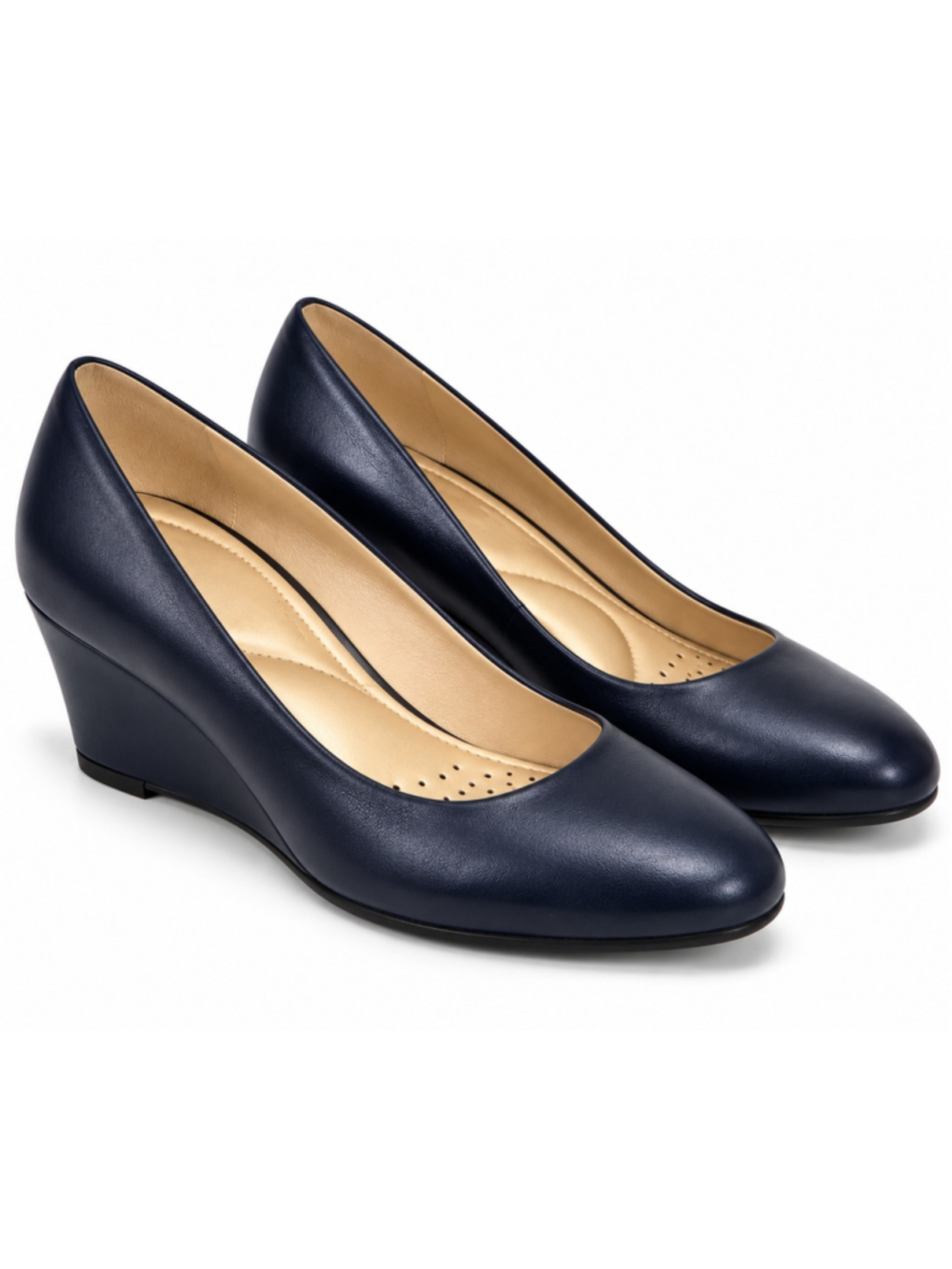 Hush Puppies Soft Style Angel II H79654 Navy Leather Wedge Pumps Size 7 NWOB